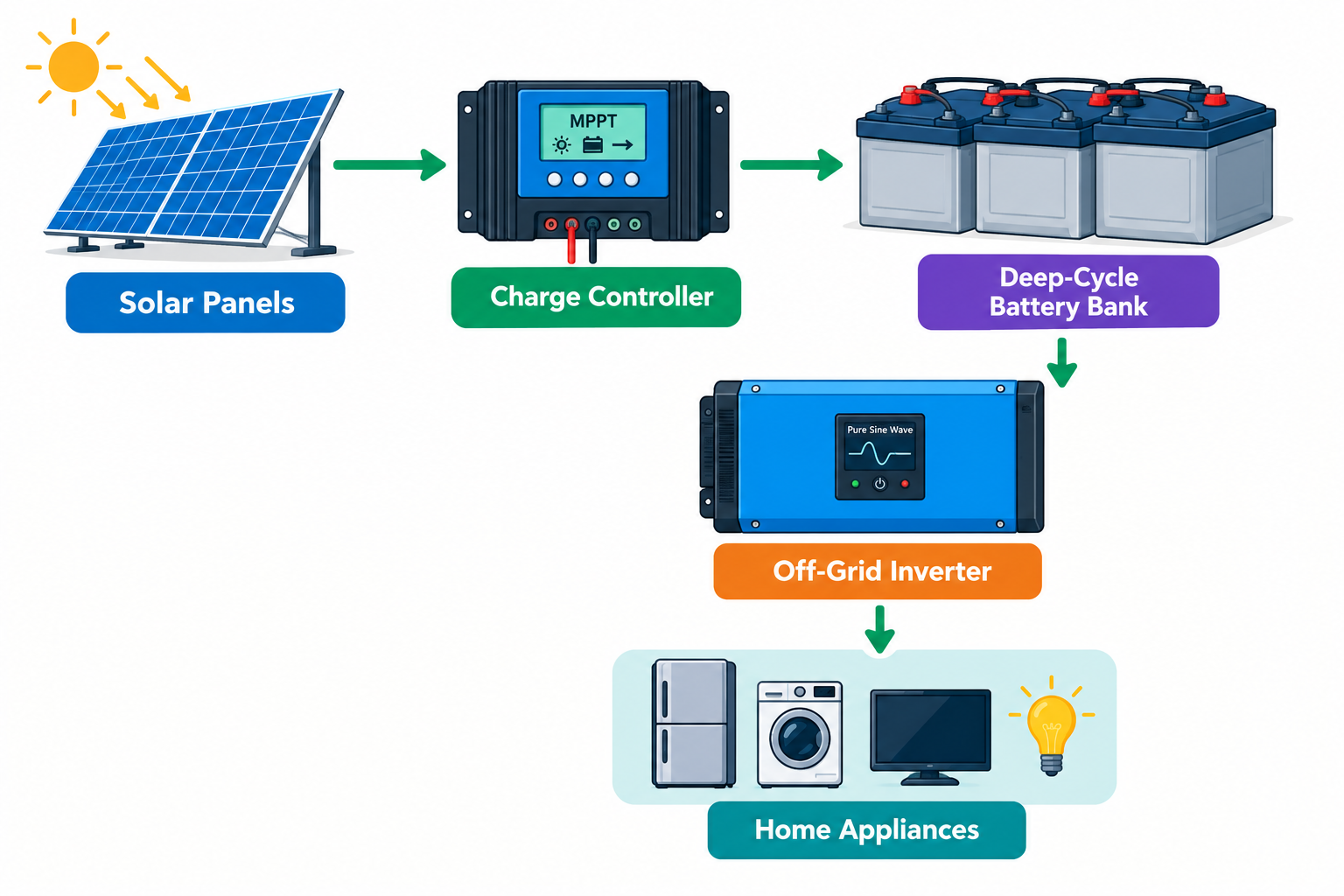 Off-Grid Solar System setup with battery storage bank